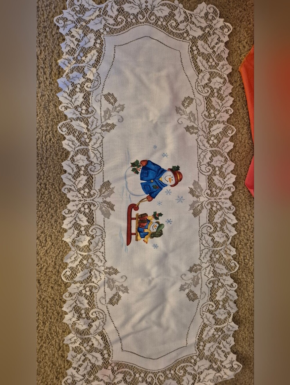 Snowman & Child Sled Holiday Lace Runner - White with Blue & Red Accents.